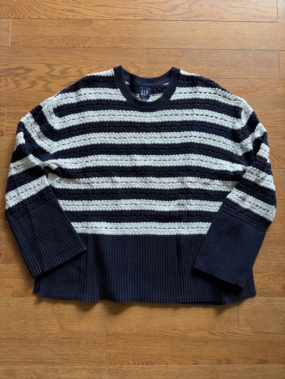 GAP Navy and Cream Striped 100% Cotton Crochet Sweater